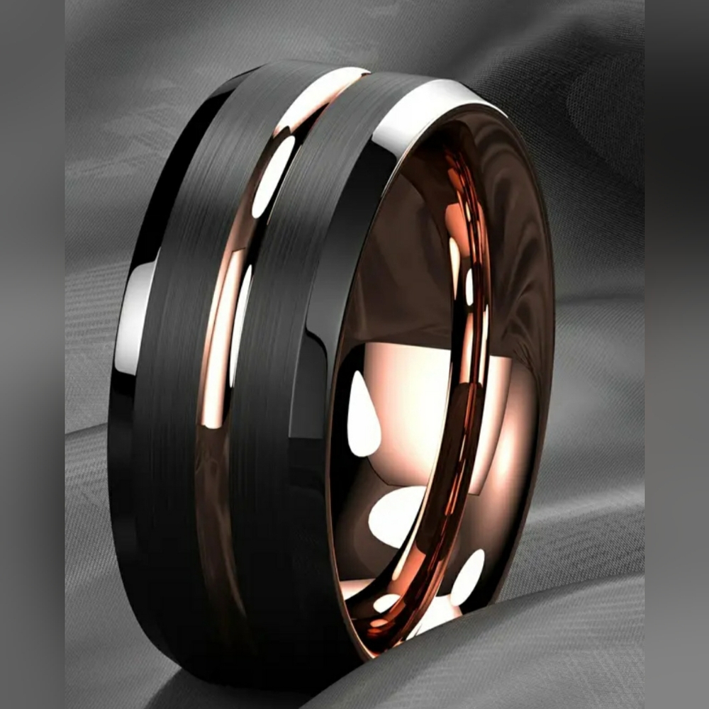 NWT Men Stainless Steel Ring Rose Golden TITANIUM BLACK Brushed Casual Elegant 9